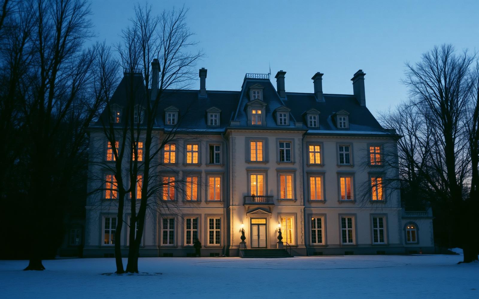Château au crépuscule, fenêtres éclairées à la bougie